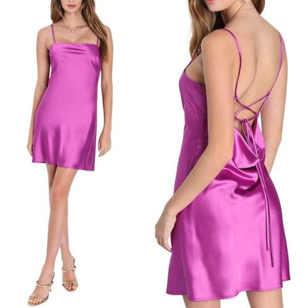 Lulus Chic Allure Purple Satin Lace-Up Mini Slip Dress size Medium NWT